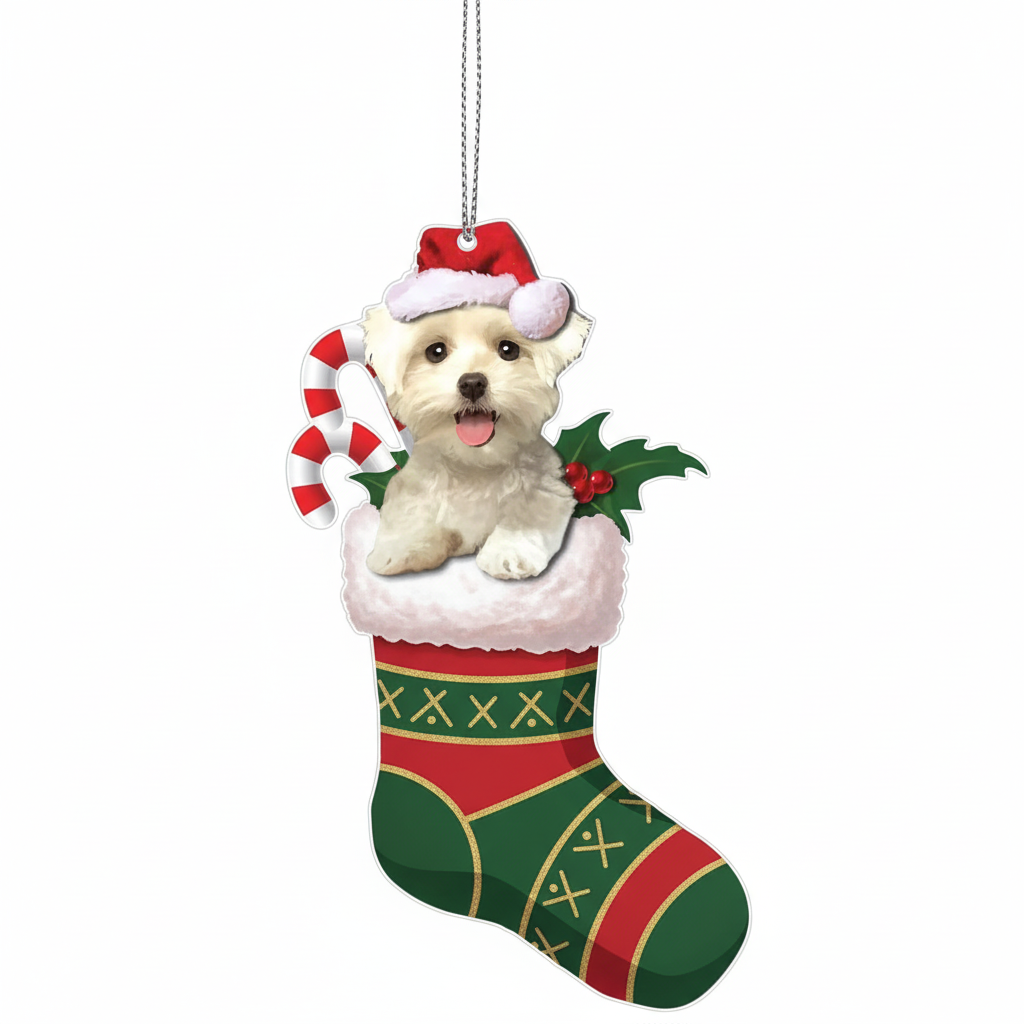 [2D FLAT ACRYLIC] Bichon Frise Christmas Ornament | Festive Dog in Stocking Holiday Decor & Pet Lover Gift