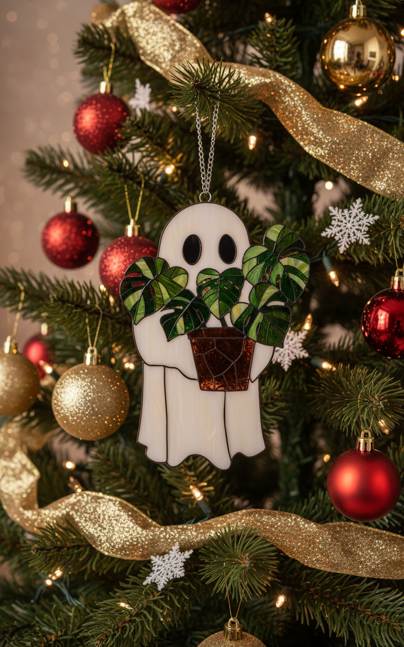 [2D FLAT ACRYLIC] Cute Ghost Plant Halloween Ornament – Faux Stained Glass Suncatcher for Gothic Decor