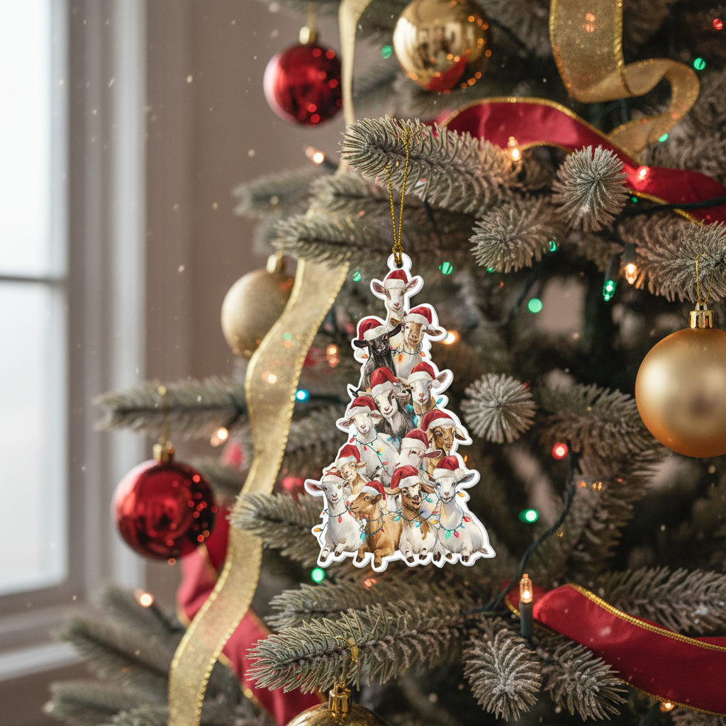 [2D FLAT ACRYLIC] Charming Goat Tree Christmas Ornament 2025 – Rustic Farmhouse Animal Decor