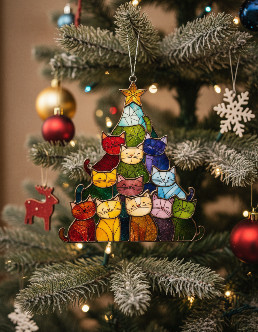 [2D FLAT ACRYLIC] Colorful Cat Christmas Tree Ornament – Holiday Gift for Cat Lovers