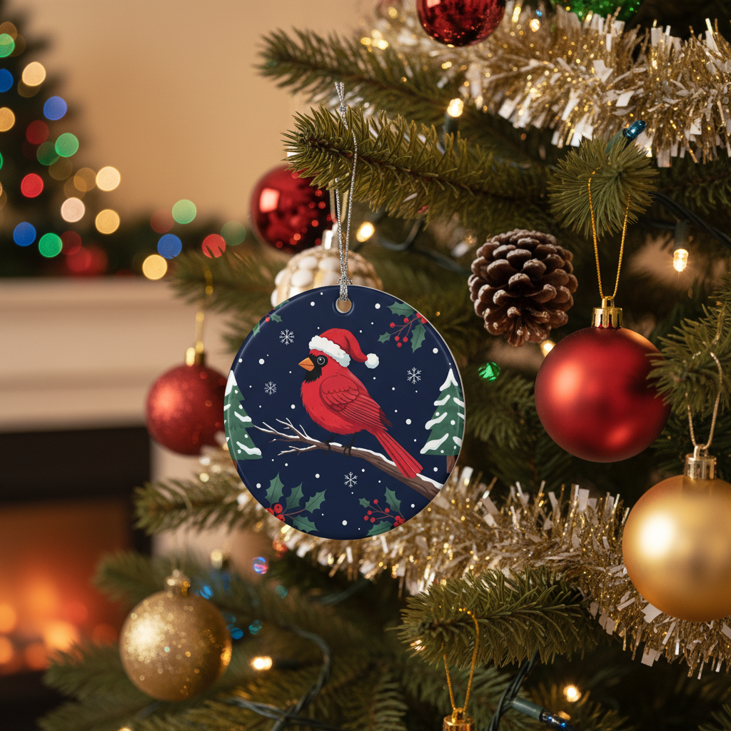 [2D FLAT ACRYLIC] Red Cardinal Christmas Ornament Design – Sublimation PNG for Round Decor