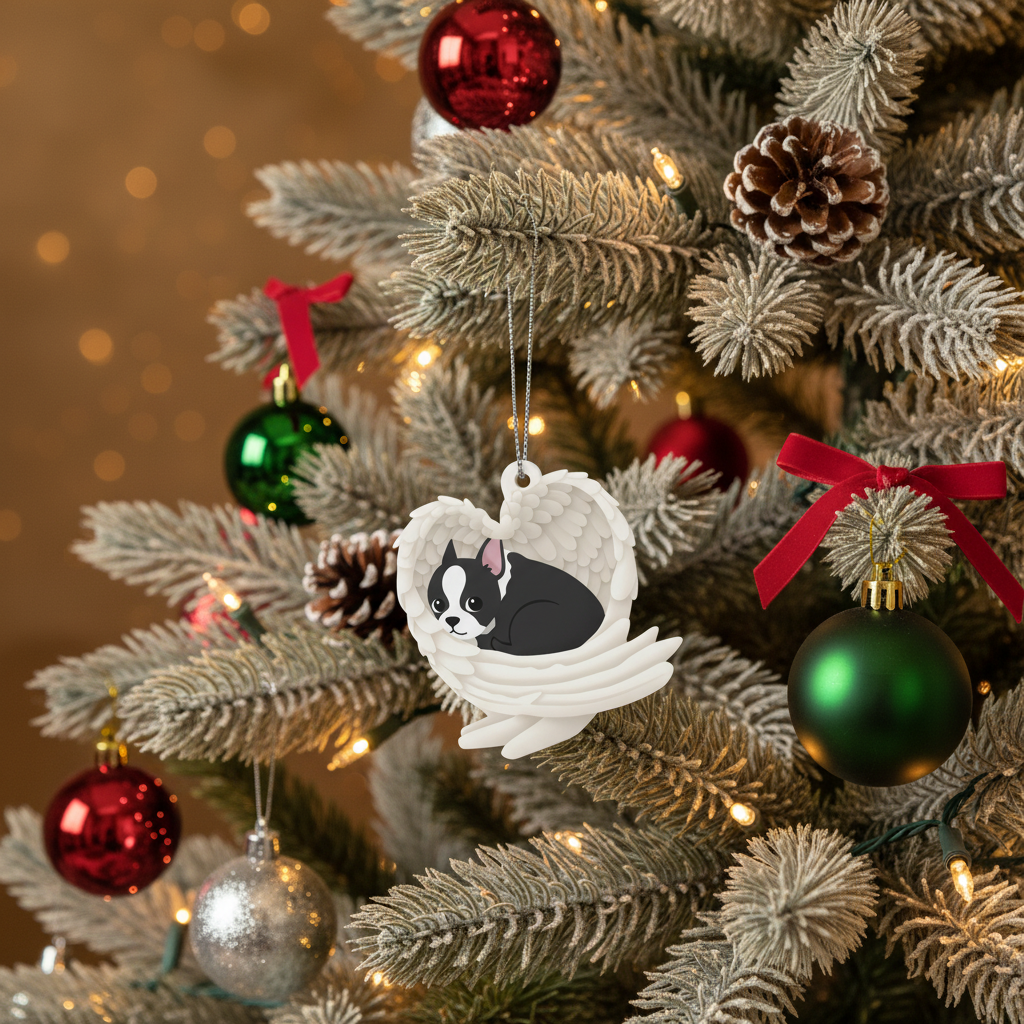 [2D FLAT ACRYLIC] Boston Terrier Angel Memorial Ornament | Sleeping Dog Christmas Keepsake Gift