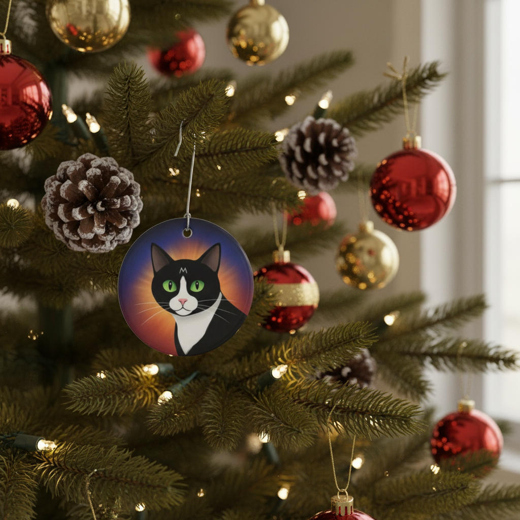 [2D FLAT ACRYLIC] Personalized Tuxedo Cat Stained Glass Ornament – Double-Sided Ceramic Holiday Decor