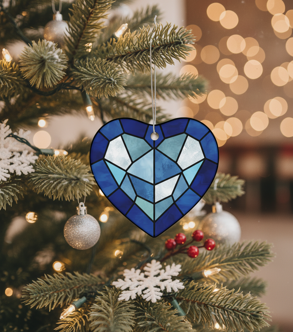 [2D FLAT ACRYLIC] Blue Heart Ceramic Ornament with Faux Stained Glass Style – Holiday Decor Gift
