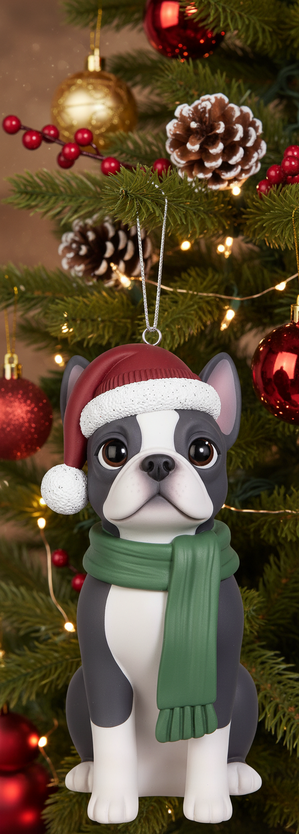 [2D FLAT ACRYLIC] Boston Terrier Christmas Ornament | Festive Dog Holiday Decor with Santa Hat