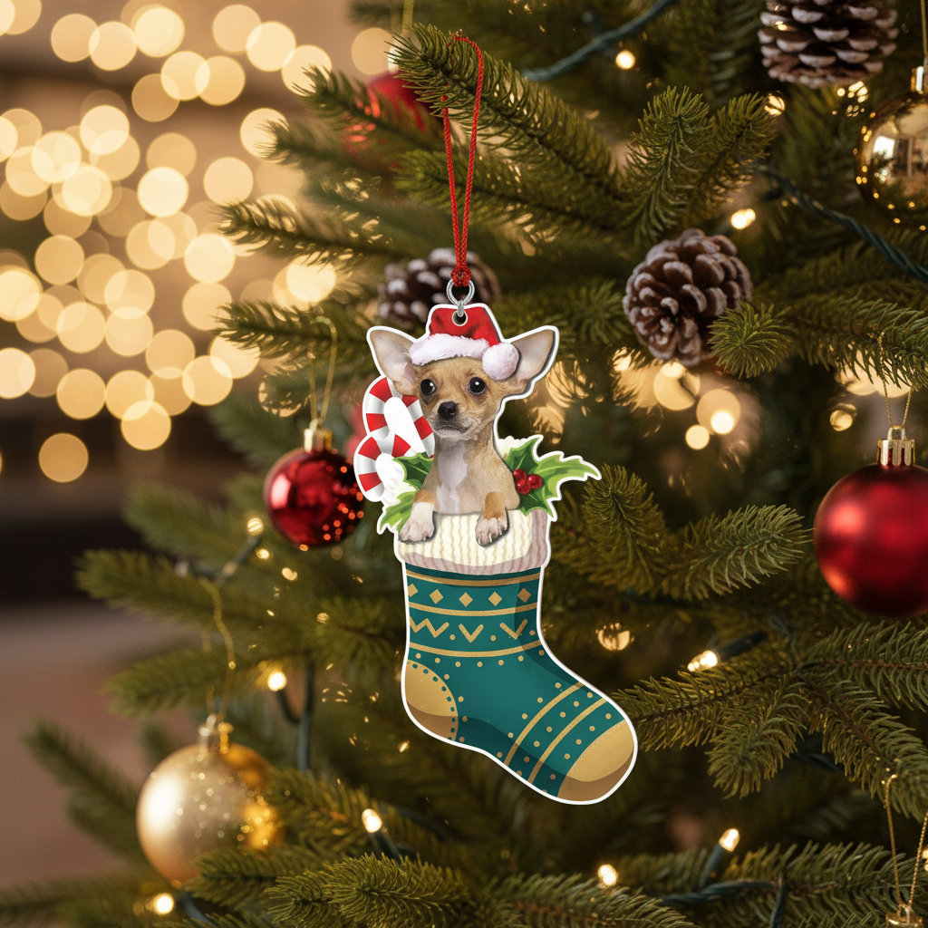 [2D FLAT ACRYLIC] Brown Chihuahua Christmas Ornament | Festive Dog in Stocking Holiday Decor for Pet Lovers
