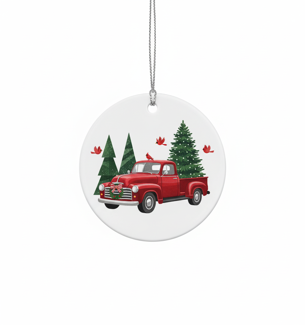 [2D FLAT ACRYLIC] Red Truck Christmas Ornament 2024 | Ceramic Farmhouse Holiday Decor Gift