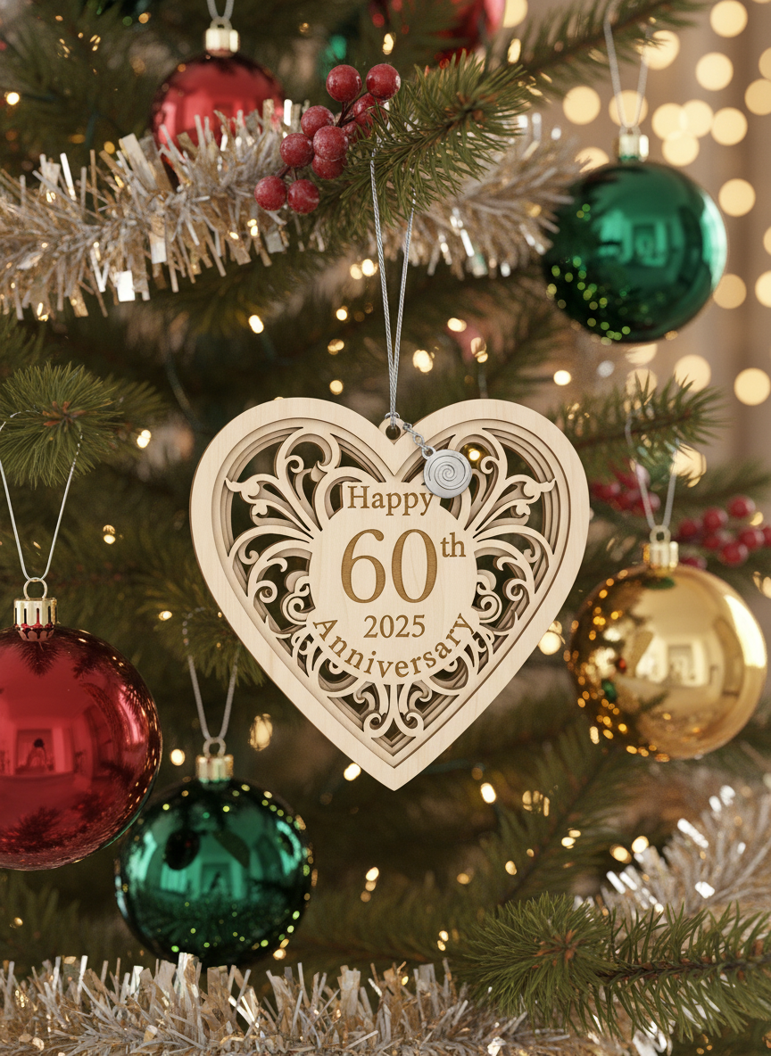 [2D FLAT ACRYLIC] 60th Anniversary Heart Ornament with 2025 Year Tag – Keepsake Gift for Couples