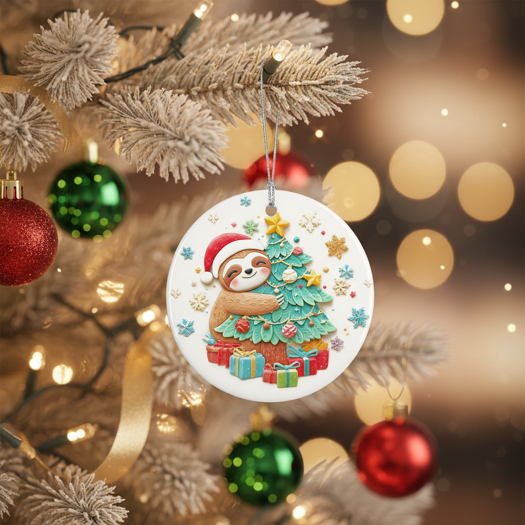 [2D FLAT ACRYLIC] Adorable Sloth Christmas Ornament | Round Ceramic Keepsake | Sloth Lover Gift