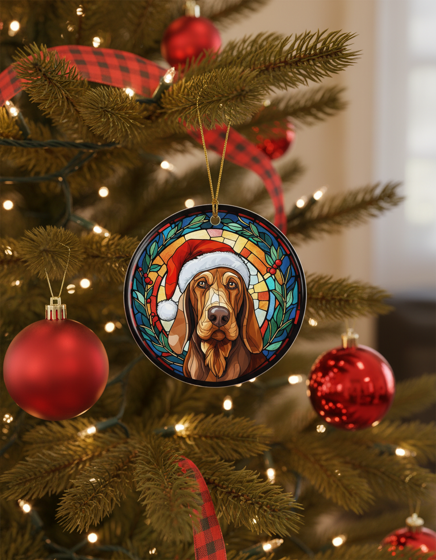 [2D FLAT ACRYLIC] Bloodhound Santa Hat Ceramic Ornament | Christmas Keepsake Gift for Dog Lovers