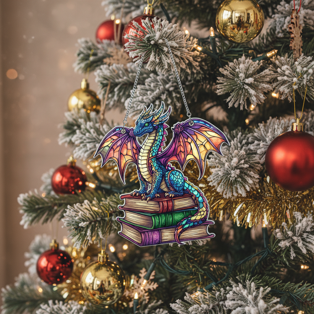[2D FLAT ACRYLIC] Book Dragon Window Hanging Ornament – Fantasy Gift for Book Lovers