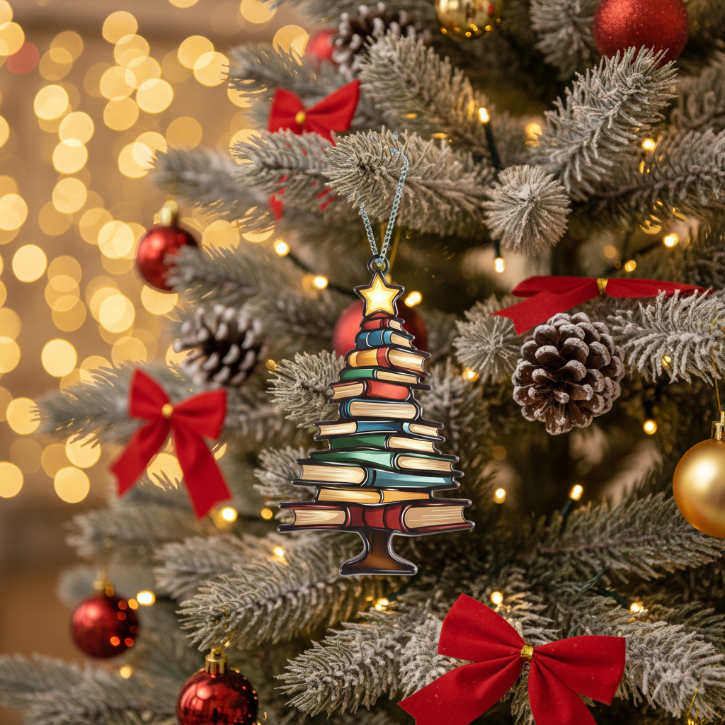 [2D FLAT ACRYLIC] Christmas Book Tree Suncatcher Ornament – Unique Holiday Gift for Book Lovers
