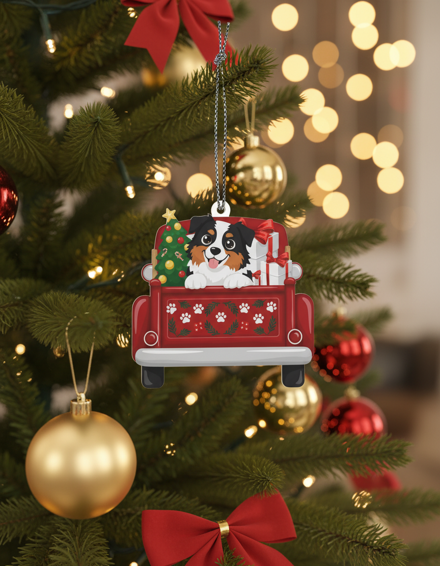 [2D FLAT ACRYLIC] Australian Shepherd Red Car Christmas Ornament 2024 | Keepsake Gift for Dog Lovers