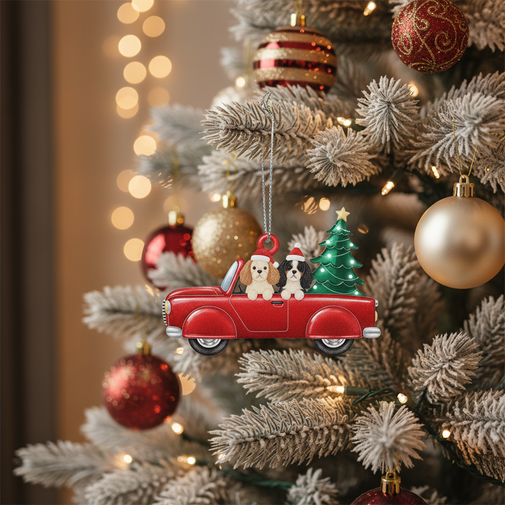 [2D FLAT ACRYLIC] Cavalier King Charles Spaniel Red Truck Christmas Ornament – Dog Lover Keepsake Gift