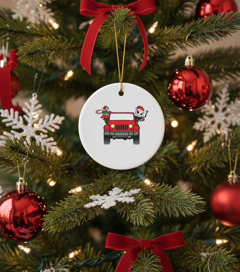 [2D FLAT ACRYLIC] Red Truck Christmas Ornament with Jack Skellington & Grinch | Holiday Decor Gift