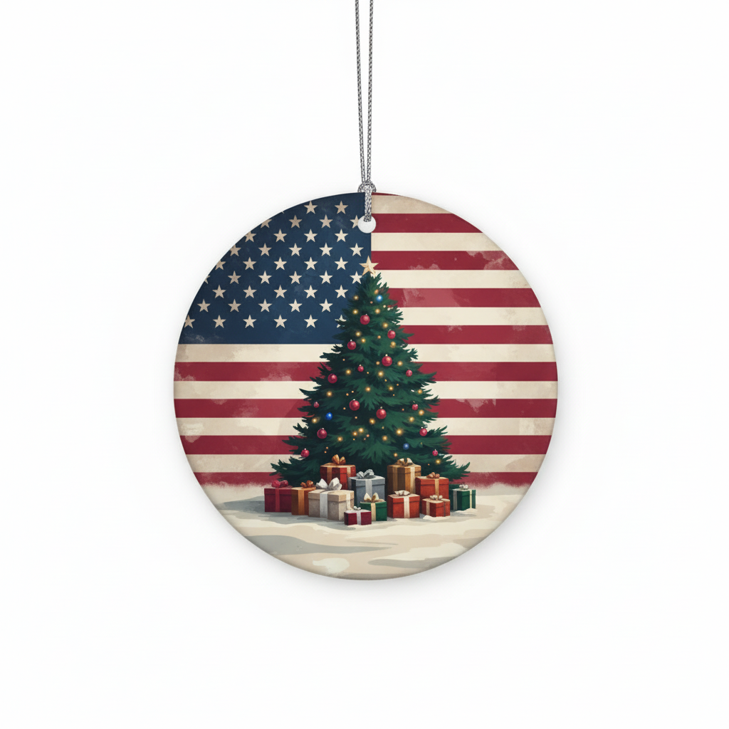 [2D FLAT ACRYLIC] American Flag Patriotic Christmas Ornament – Ceramic USA Holiday Keepsake