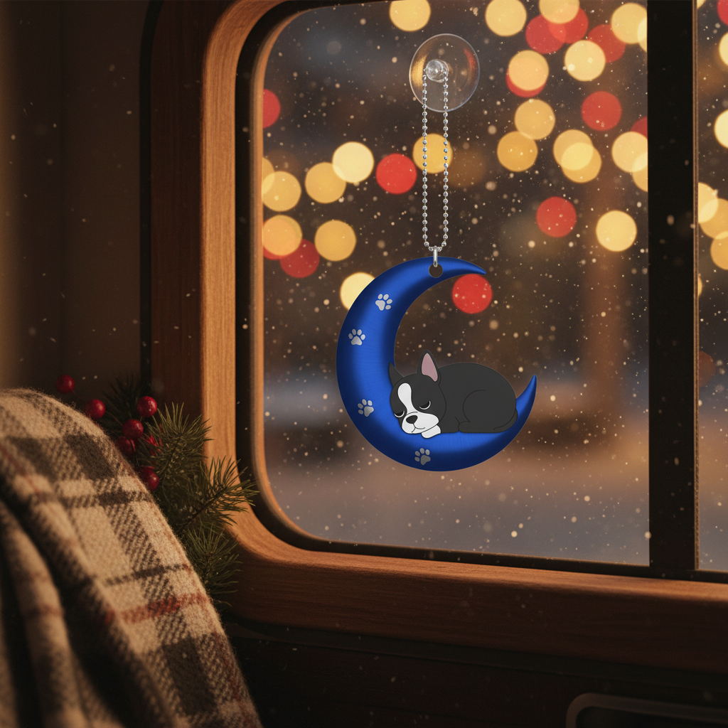 [2D FLAT ACRYLIC] Boston Terrier 'Love You to The Moon' Christmas Ornament | Dog Lover Gift