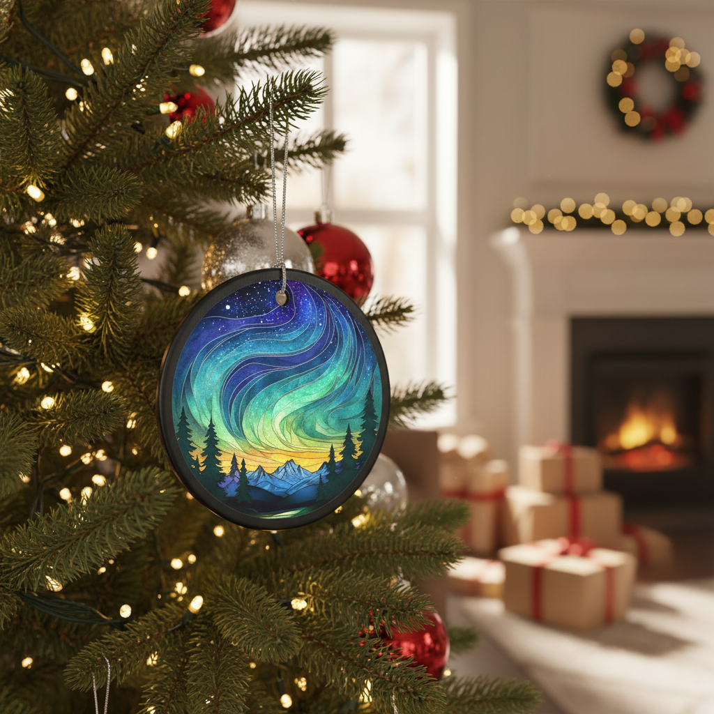 [2D FLAT ACRYLIC] Aurora Borealis Ceramic Ornament – Northern Lights Faux Stained Glass Keepsake