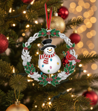 [2D FLAT ACRYLIC] 2025 Christmas Wreath Ornament with Spinning Snowman – Metal Holiday Keepsake