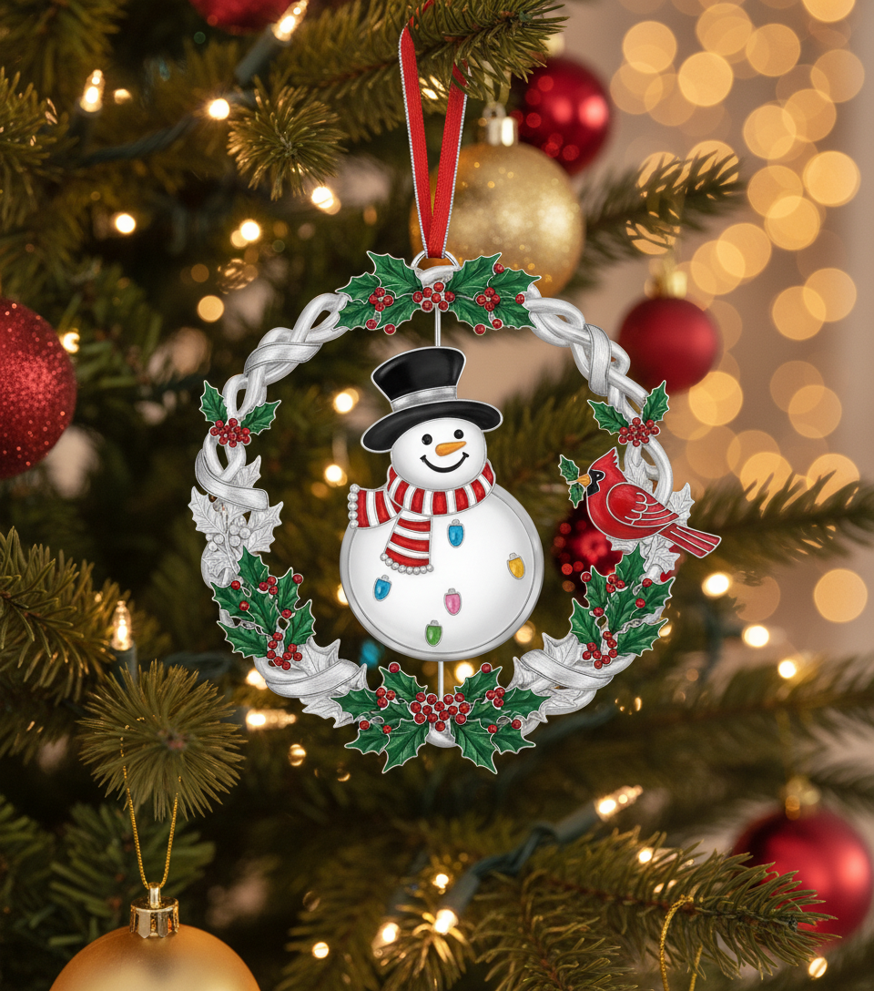 [2D FLAT ACRYLIC] 2025 Christmas Wreath Ornament with Spinning Snowman – Metal Holiday Keepsake
