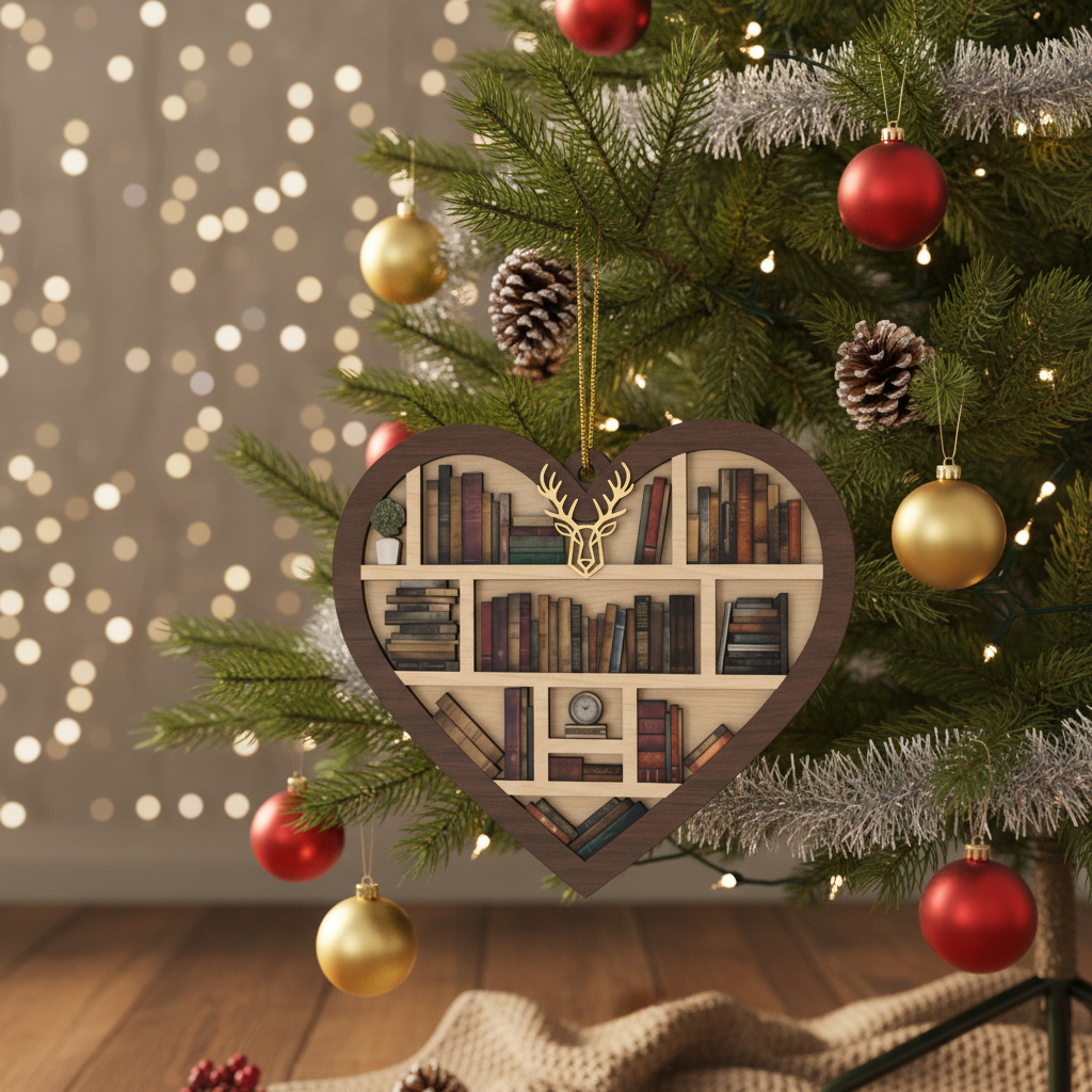 [2D FLAT ACRYLIC] Bookshelf Heart Christmas Ornament – Unique 2-Layer Gift for Book Lovers & Readers