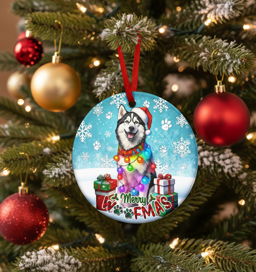 [2D FLAT ACRYLIC] Adorable Husky Christmas Ornament with Santa Hat | Ceramic Holiday Decor & Dog Lover Gift