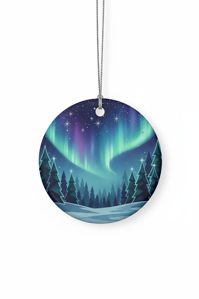 [2D FLAT ACRYLIC] Aurora Borealis Winter Forest Ceramic Ornament – Northern Lights Holiday Decor