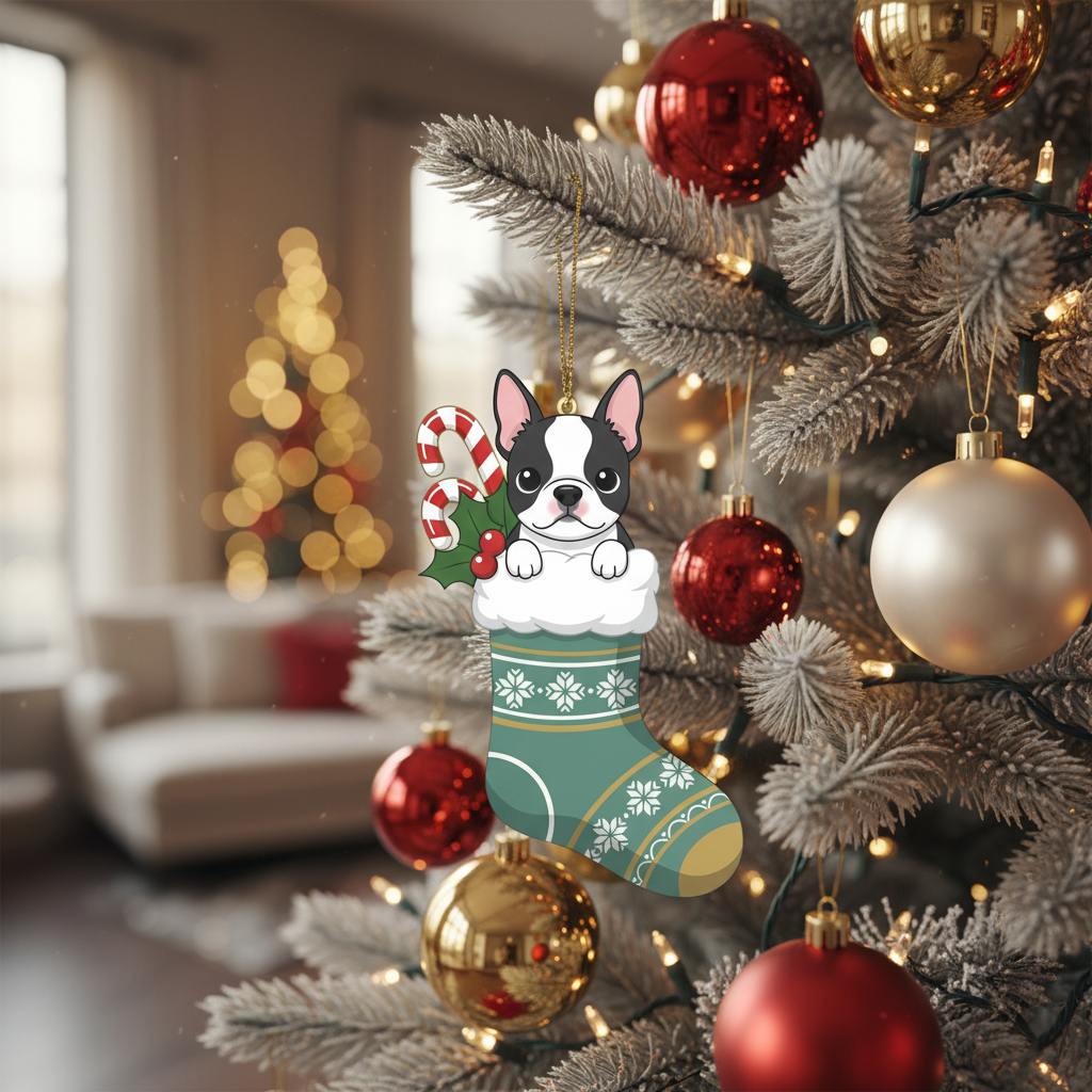 [2D FLAT ACRYLIC] Adorable Boston Terrier Christmas Ornament | Festive Holiday Decor & Dog Lover Gift