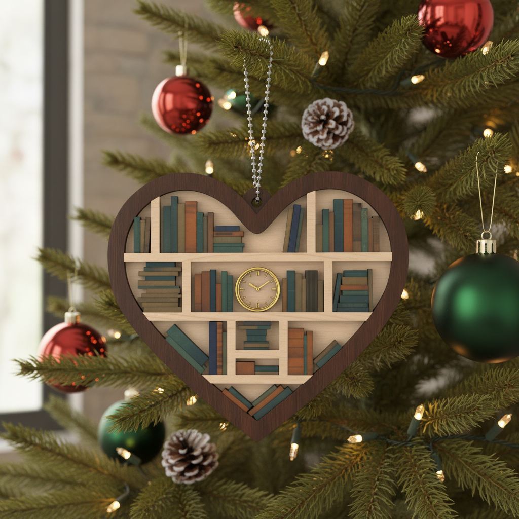 [2D FLAT ACRYLIC] Book Lovers Christmas Ornament – Bookshelf Heart Keepsake Gift