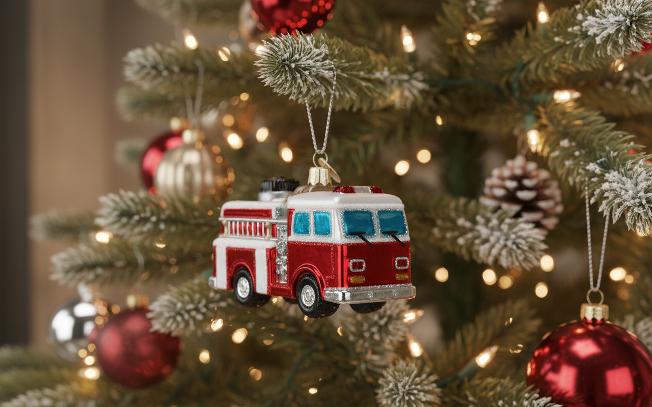 [2D FLAT ACRYLIC] Glass Fire Truck Christmas Ornament | Collectible Holiday Decor & Firefighter Gift