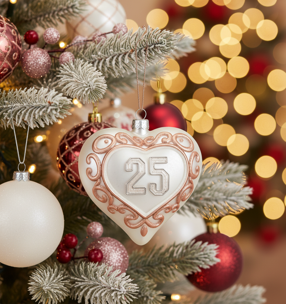 [2D FLAT ACRYLIC] 25th Anniversary Glass Heart Ornament – Handcrafted Holiday Keepsake