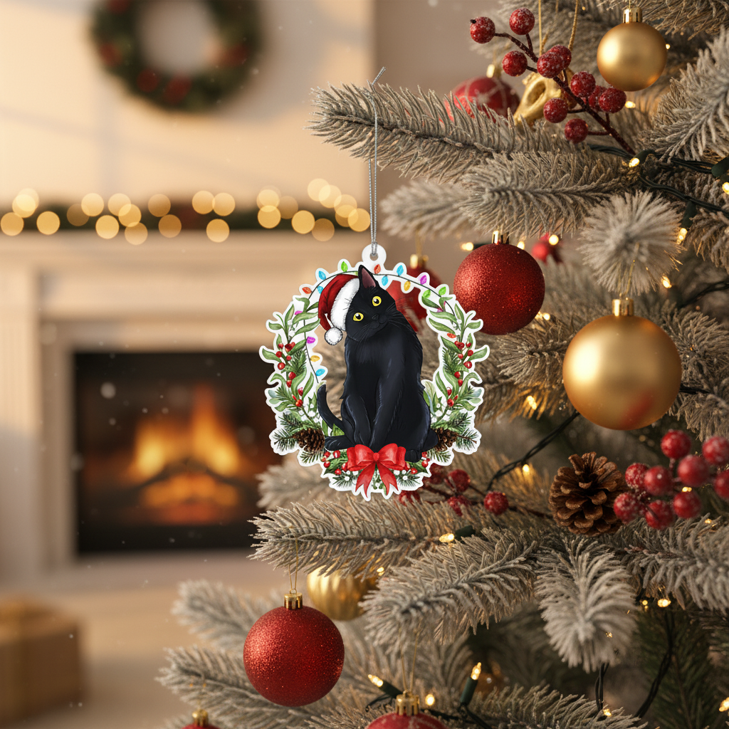 [2D FLAT ACRYLIC] Black Cat Christmas Ornament | Holiday Keepsake Gift for Cat Lovers