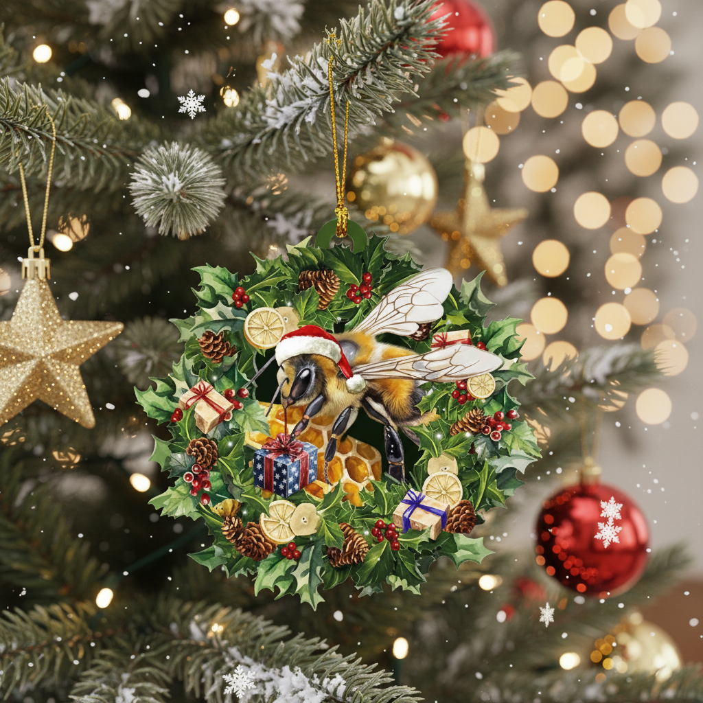 [2D FLAT ACRYLIC] Festive Bee Christmas Ornament – Unique Holiday Decor & Car Charm