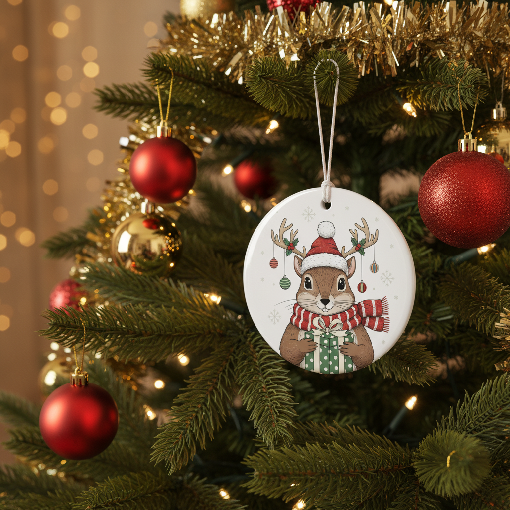 [2D FLAT ACRYLIC] Ceramic Squirrel Christmas Ornament | Cute Holiday Decor & Gift for Animal Lovers