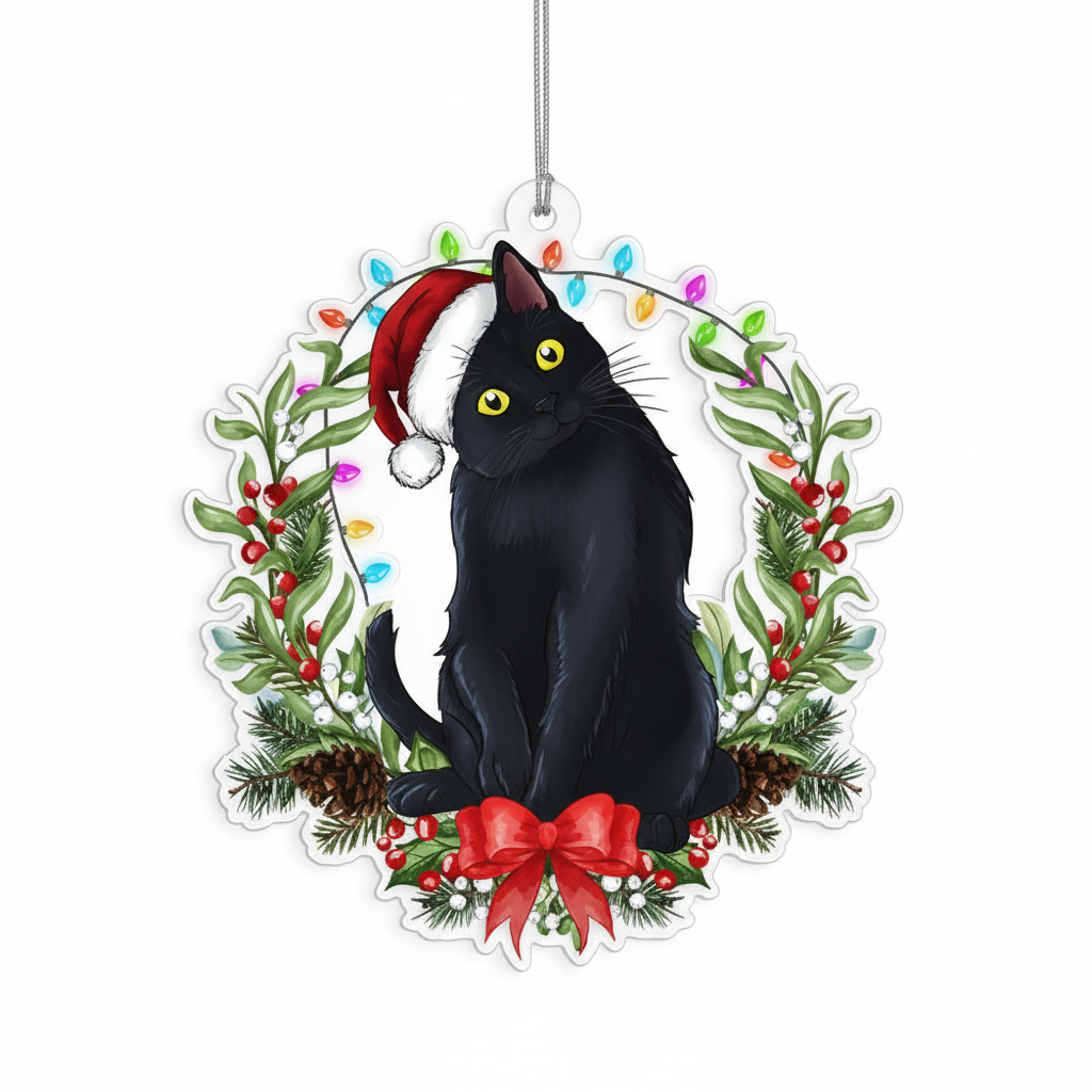 [2D FLAT ACRYLIC] Black Cat Christmas Ornament | Holiday Keepsake Gift for Cat Lovers