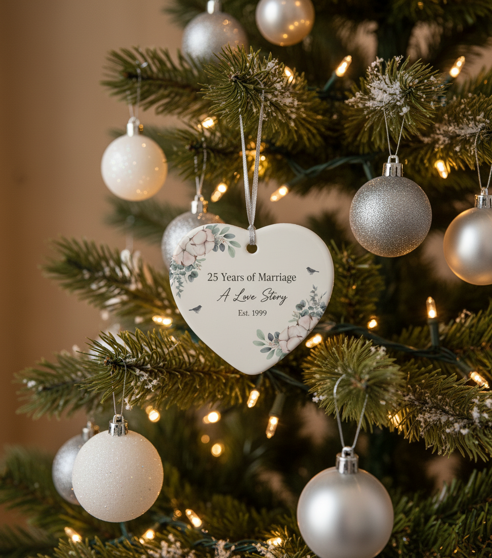 [2D FLAT ACRYLIC] 25th Silver Anniversary Ceramic Ornament – Heart Keepsake Gift for Couples