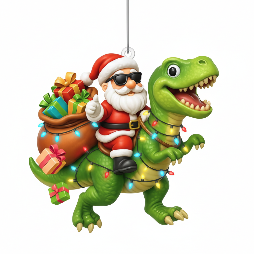 [2D FLAT ACRYLIC] Funny Santa Riding Dinosaur Christmas Ornament – Novelty Holiday Gift 2025