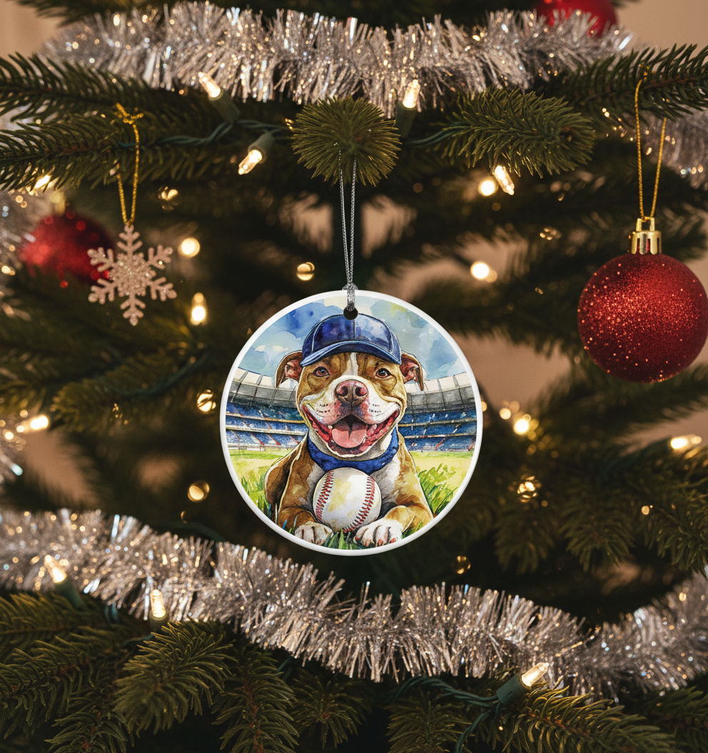 [2D FLAT ACRYLIC] Pitbull Christmas Ornament – 2025 Acrylic Hanging Decoration Featuring Baseball-Themed Design | Unique Dog Lover Gift & Festive Home Décor by Cranberry Collective