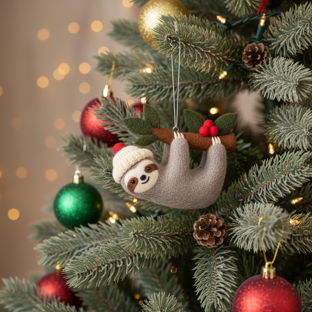 [2D FLAT ACRYLIC] Adorable Felt Sloth Christmas Ornament – Handmade Fair Trade Decoration