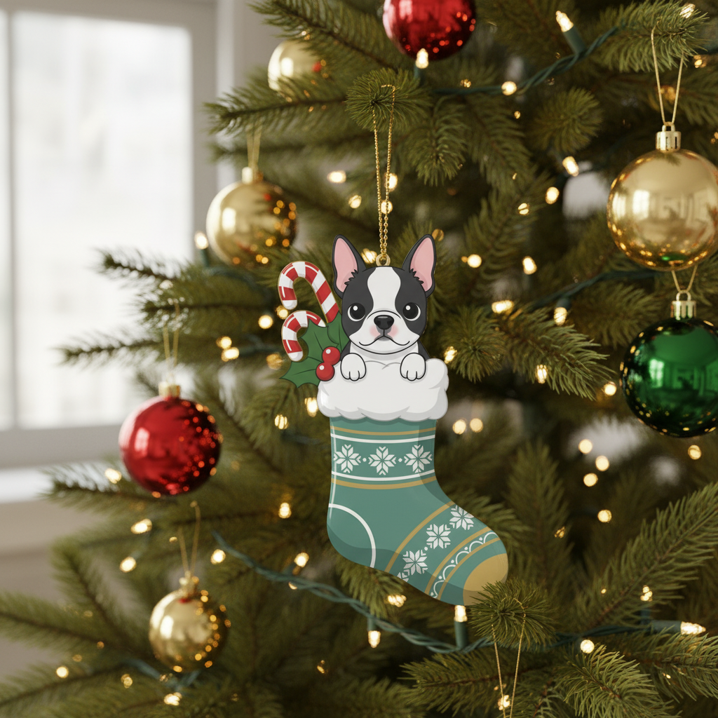[2D FLAT ACRYLIC] Adorable Boston Terrier Christmas Ornament | Festive Holiday Decor & Dog Lover Gift