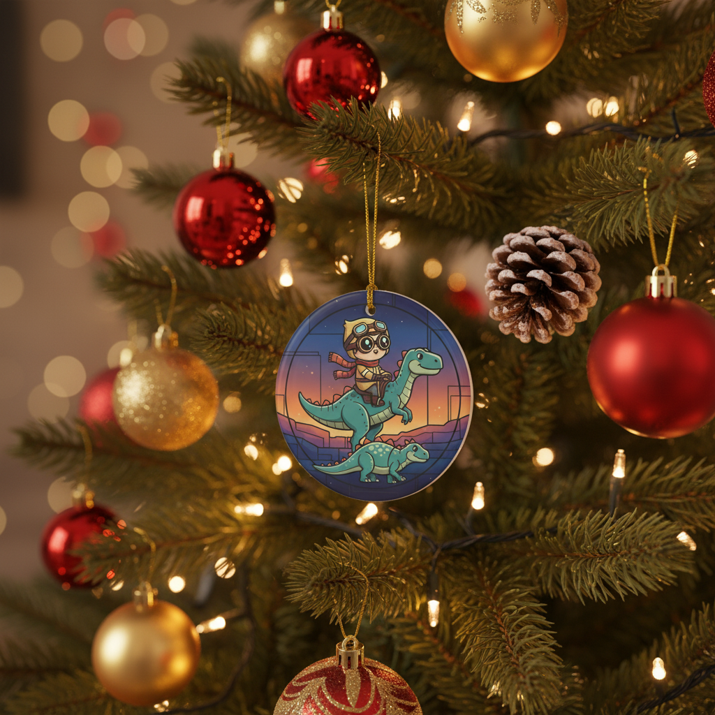 [2D FLAT ACRYLIC] Funny Jesus Riding Dinosaur Ornament with Faux Stained Glass Design