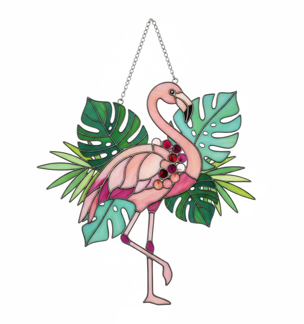 [2D FLAT ACRYLIC] Whimsical Flamingo Suncatcher Ornament – Tropical Christmas Decor Gift