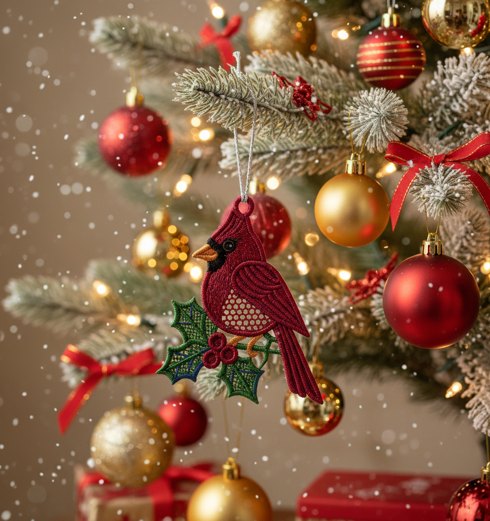 [2D FLAT ACRYLIC] Red Cardinal FSL Embroidery Design – Winter Bird Christmas Ornament for 5x7 Hoop