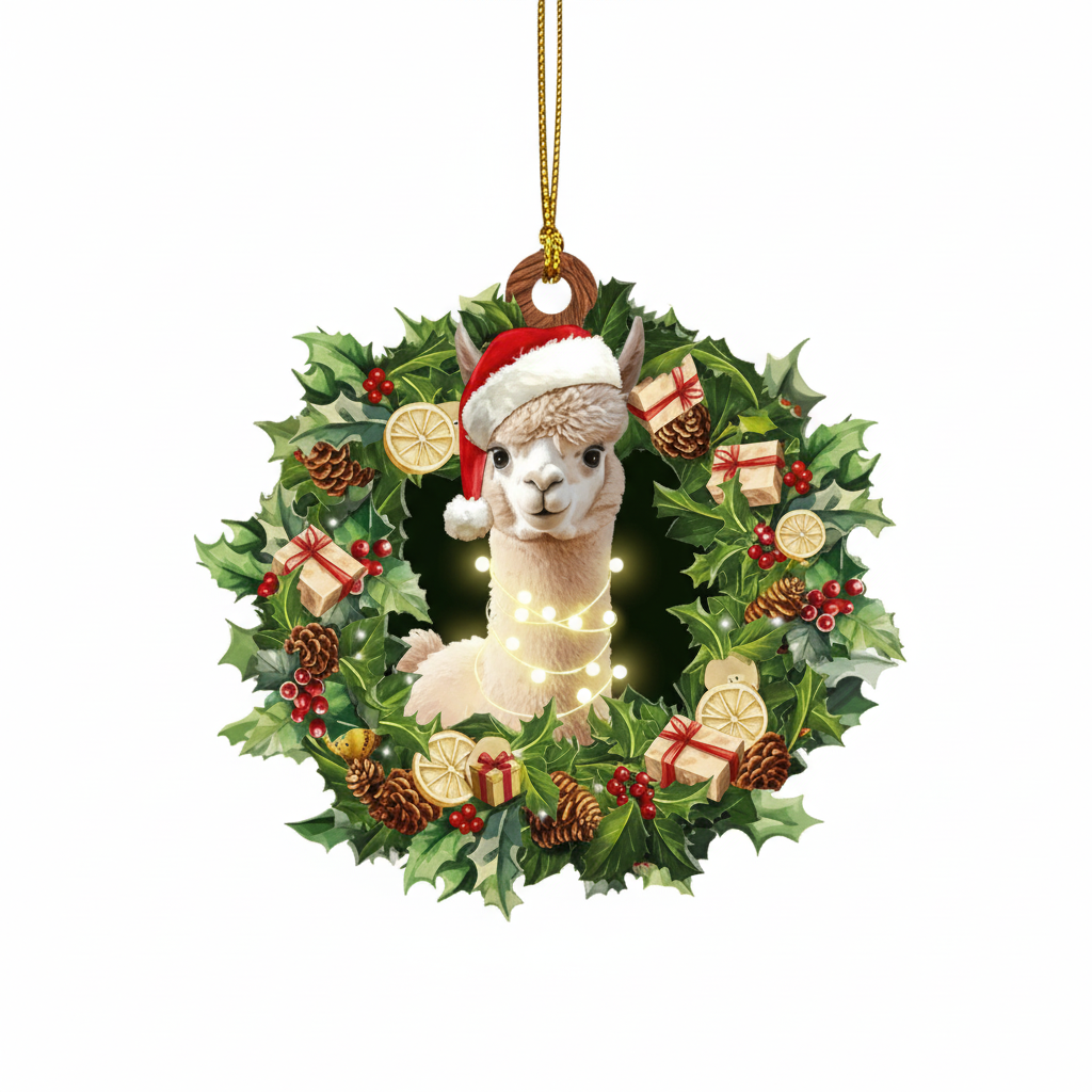 [2D FLAT ACRYLIC] Adorable Alpaca Christmas Ornament – Festive Holiday Keepsake Gift