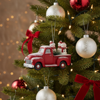 [2D FLAT ACRYLIC] Red Truck & Snowman Family Christmas Ornament | Vintage Farmhouse Style Holiday Decor