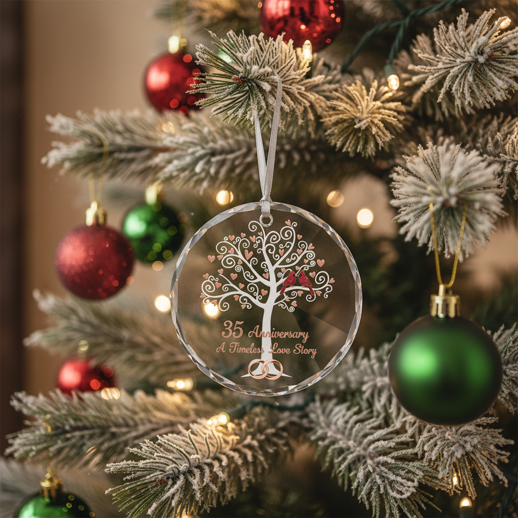 [2D FLAT ACRYLIC] 35th Coral Wedding Anniversary Glass Ornament – Keepsake Gift for Parents & Couples