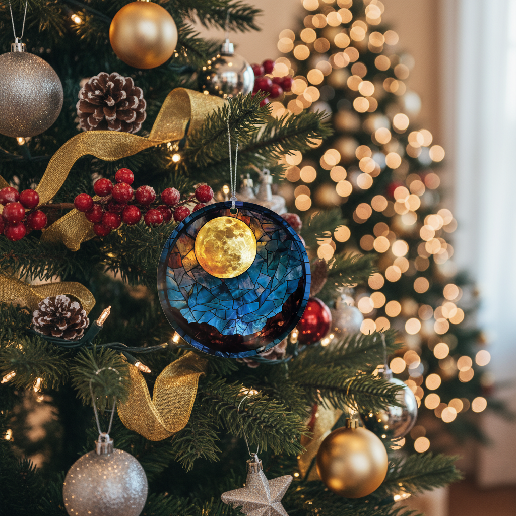 [2D FLAT ACRYLIC] Full Moon Stained Glass Style Ornament – Real Glass Holiday Decor