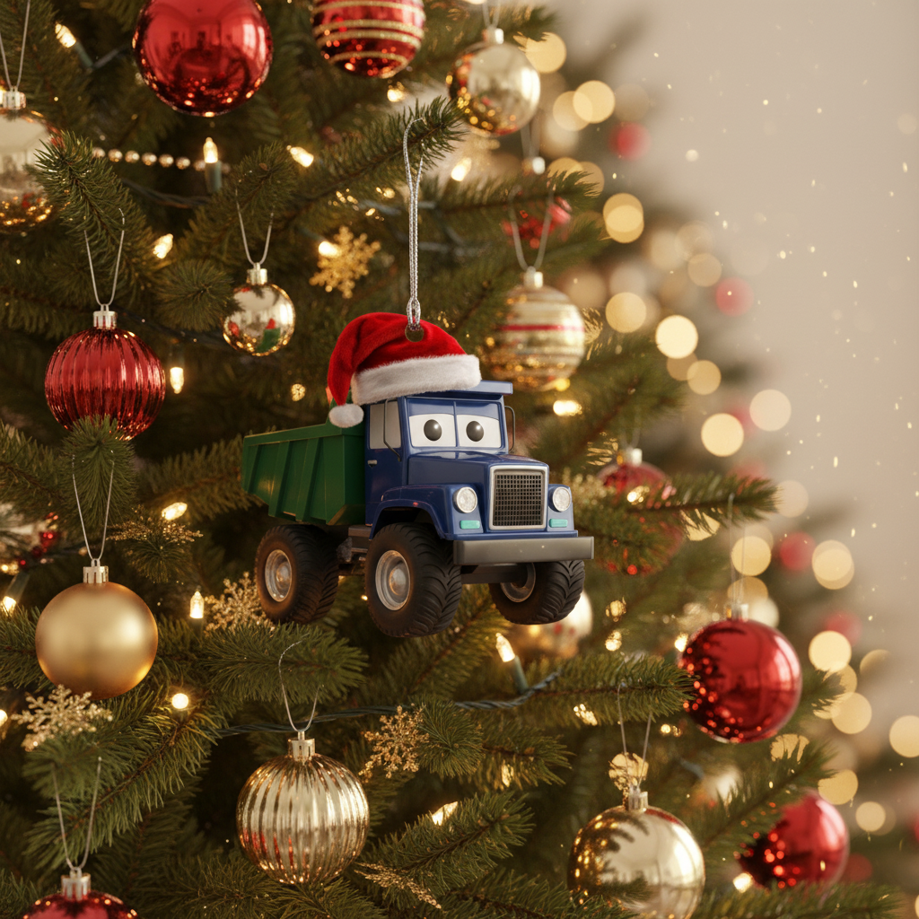[2D FLAT ACRYLIC] Christmas Dump Truck Ornament | Cute Blue Truck Christmas Decoration | Holiday Gift for Boys