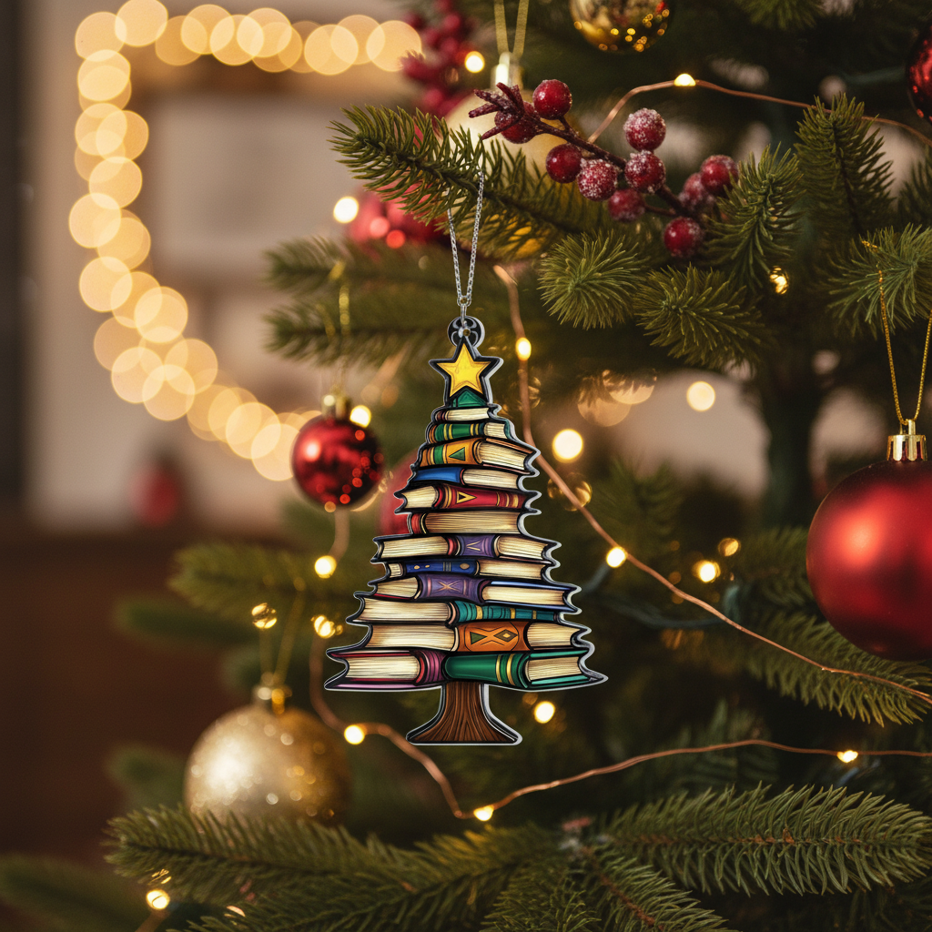 [2D FLAT ACRYLIC] Christmas Book Tree Acrylic Ornament – Unique Gift for Book Lovers