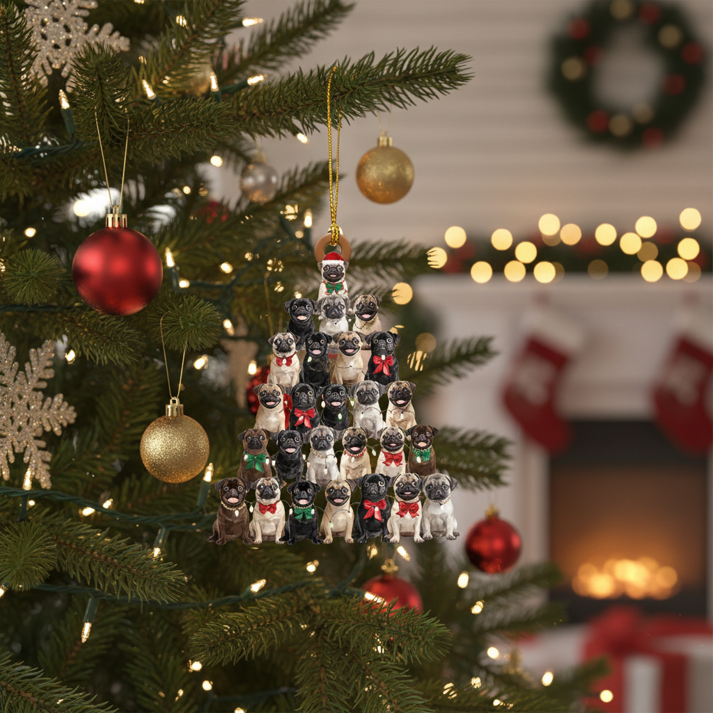 [2D FLAT ACRYLIC] Adorable Pug Pine Tree Christmas Ornament – Gift for Pug Lovers